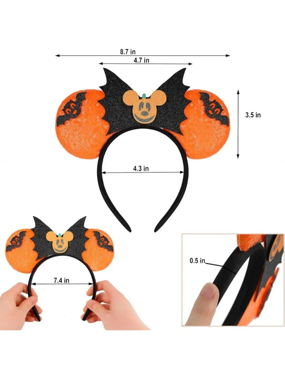Women orange black Sequin Handmade Mickey Mouse Headband 2 Pieces